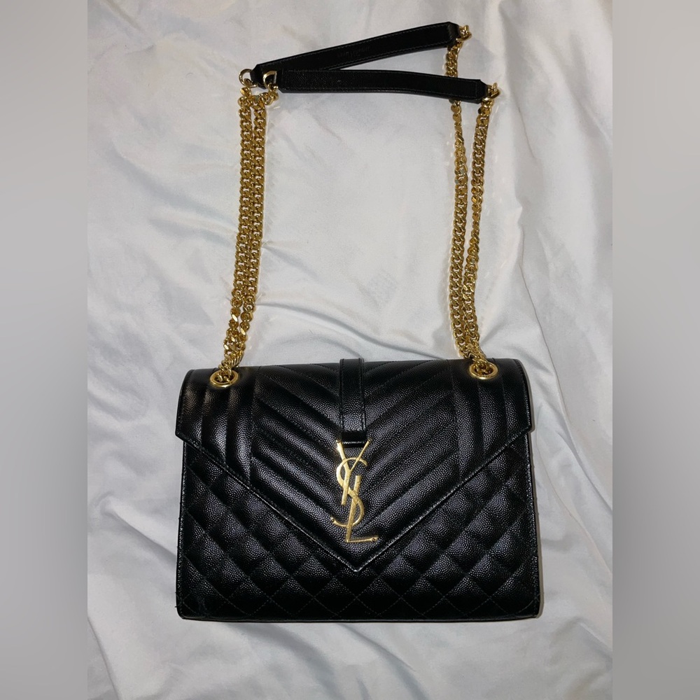 Saint Laurent Medium Envelope Bag Grain de Poudre Leather Black W/ Gold Hardware